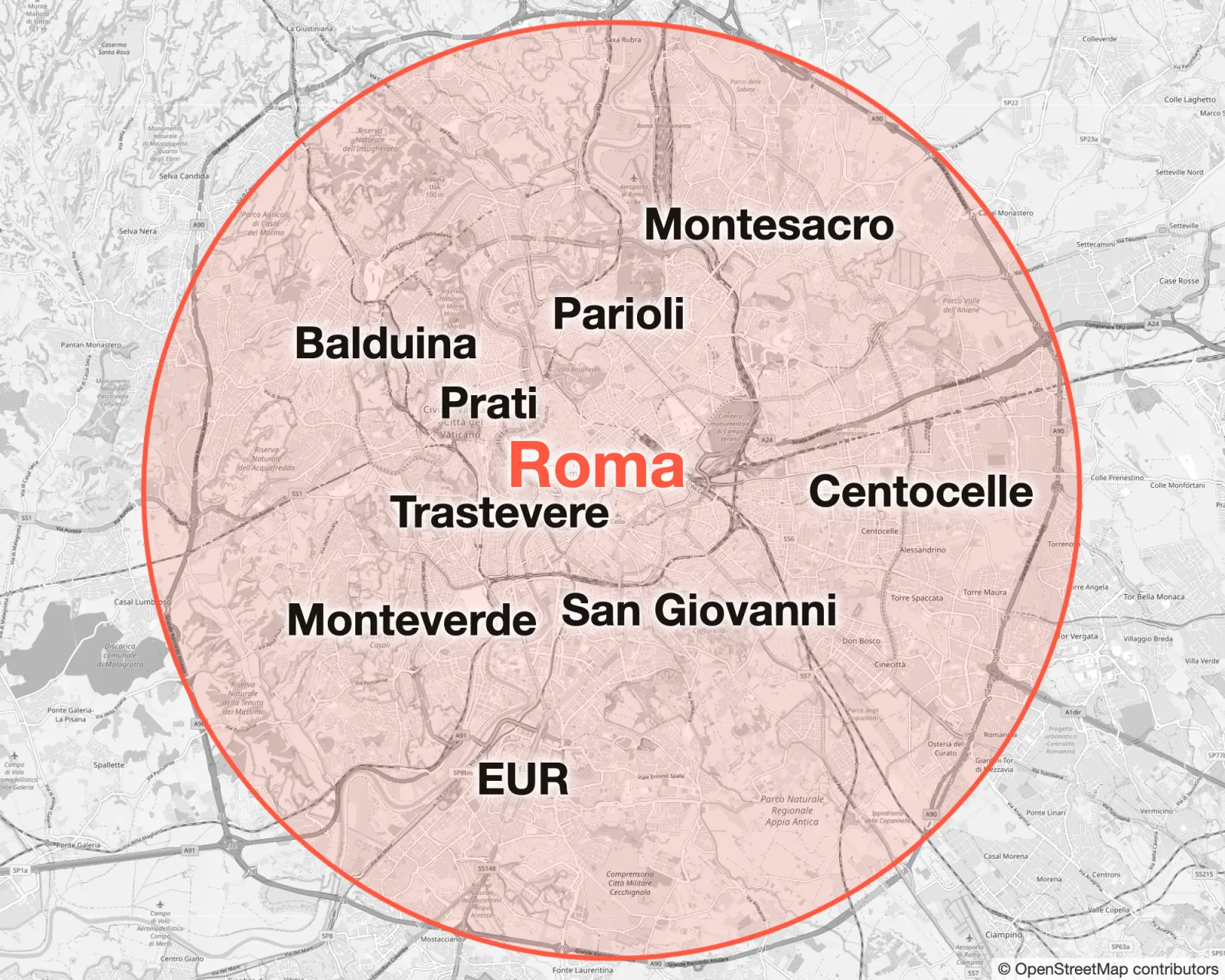 Mappa della zona servita a Roma: tutta la città dentro il Grande Raccordo Anulare