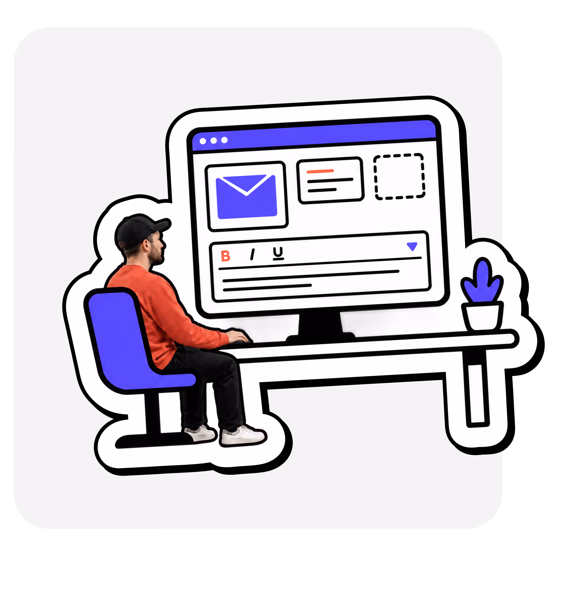 Illustration of a man sitting at a desk typing on a computer displaying an email interface with formatting options and a potted plant on the desk.