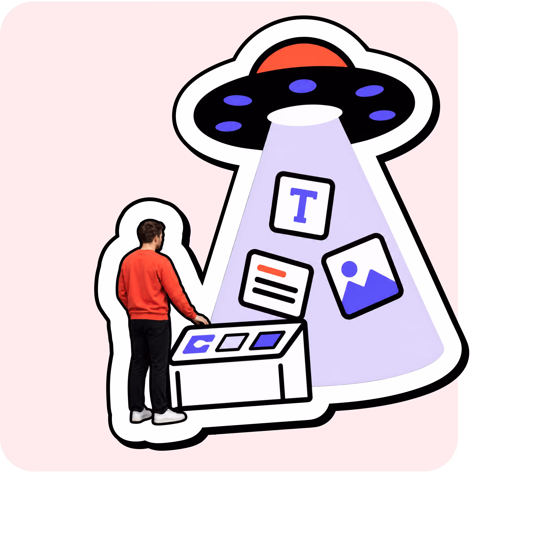Man in red shirt operating a control panel projecting icons of text, image, and documents from a UFO-like device.