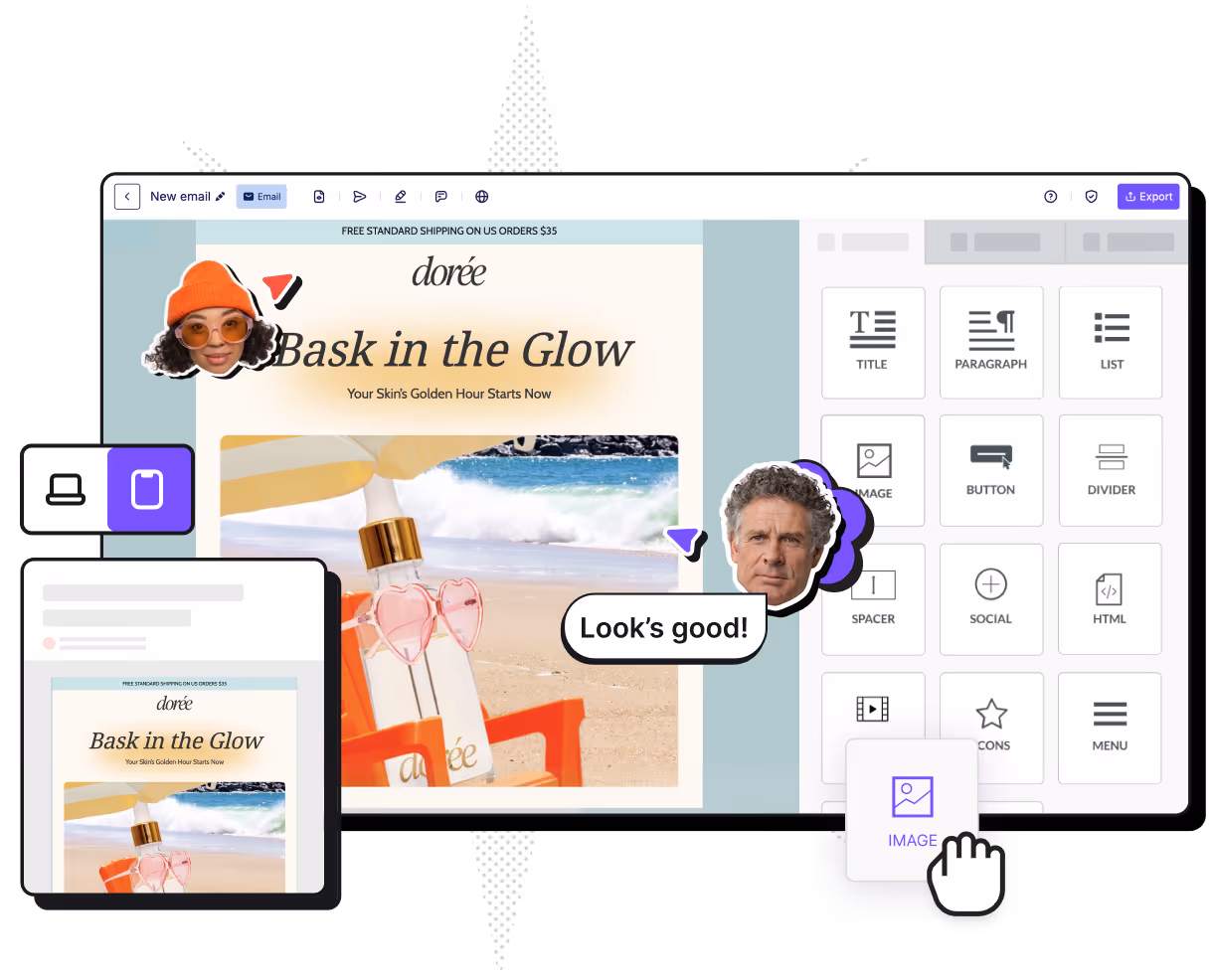 Email builder interface showing cosmetics ad with 'Bask in the Glow' headline and drag-and-drop content elements on right side.