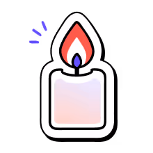 Stylized icon of a lit candle with a red and purple flame and small motion lines on a white background.
