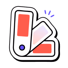 Icon of three overlapping color swatches, two red and one gradient, with blue accent lines.