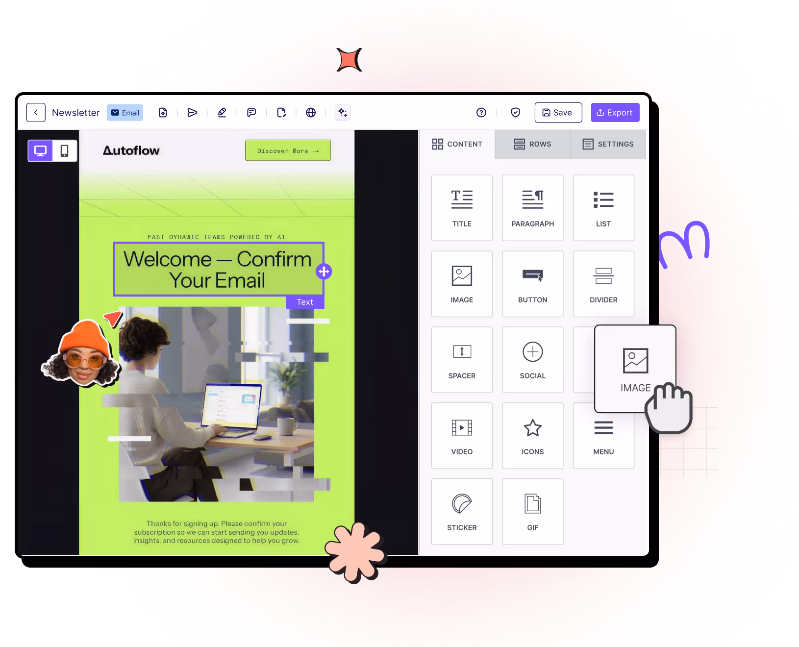 User working on laptop displaying an Autoflow welcome and email confirmation screen with a bright green background and interface design elements on the right.