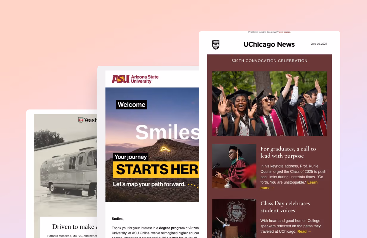 Collage of university newsletters from Washington, Arizona State, and UChicago with graduation and education themes.