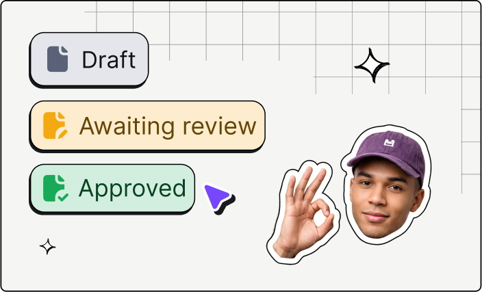 Three labeled document status boxes: Draft, Awaiting review, Approved, with a man's face and hand making an OK sign.
