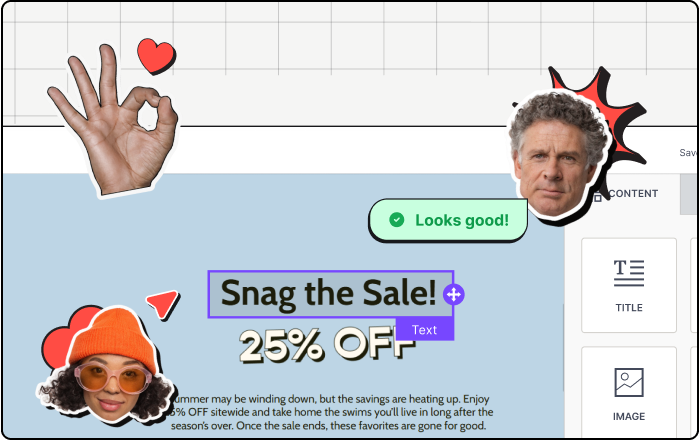 Screenshot of a design editor showing 'Snag the Sale! 25% OFF' text with icons and a man's face.
