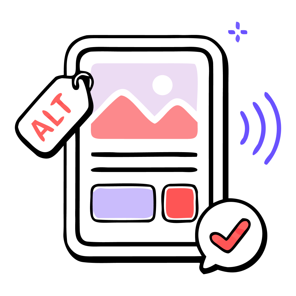 Illustration of a document with an ALT tag, image, checkmark, and sound waves for accessibility.