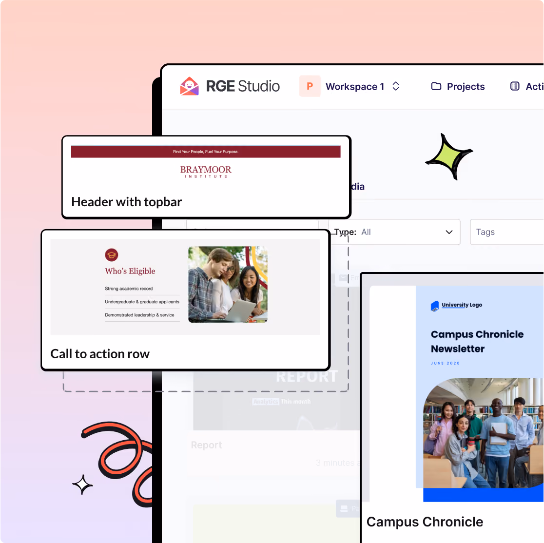 Screenshots of RGE Studio elements: header, call to action row, and Campus Chronicle newsletter with students.