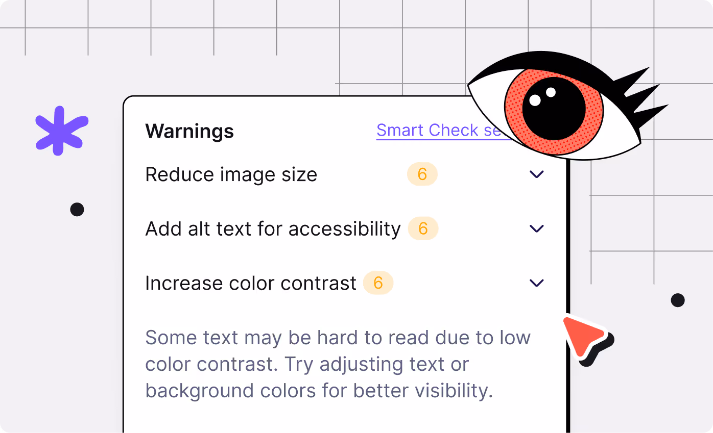Warnings list includes reduce image size, add alt text, increase color contrast for better visibility.