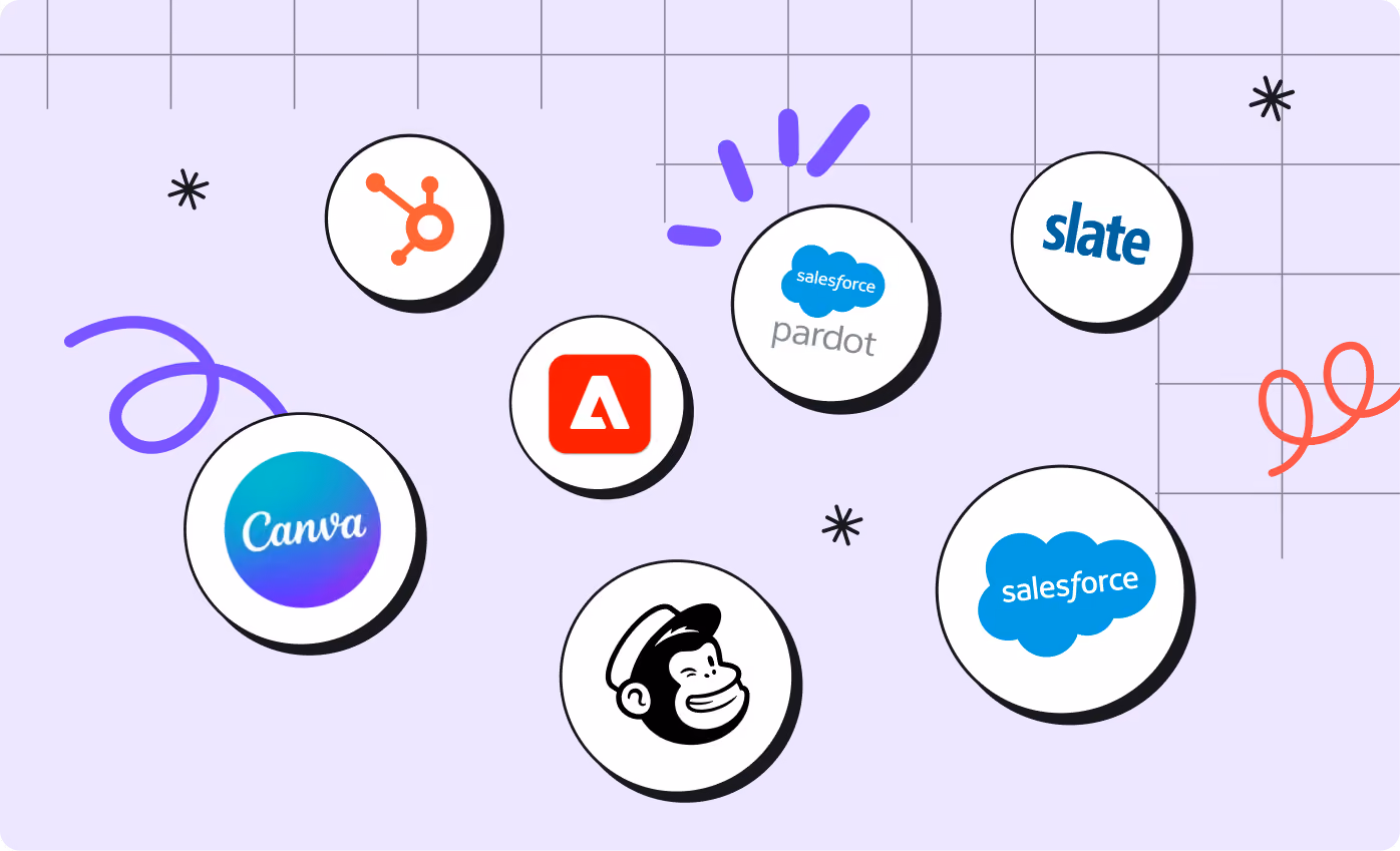 Icons of marketing and design tools including Canva, Adobe, Salesforce, Pardot, Mailchimp, Slate, and HubSpot.