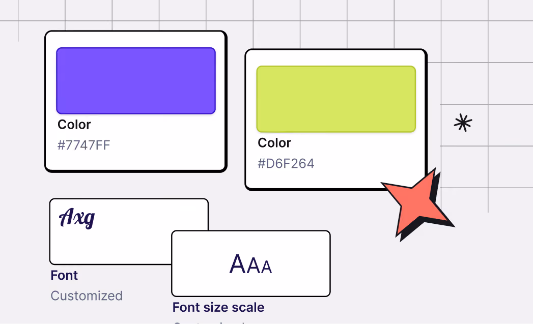 Two color swatches purple #7747FF and green #D6F264 with font samples and size scale examples.