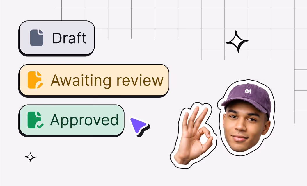 Status labels: Draft, Awaiting review, Approved with a hand gesture sign and a person wearing a purple cap.