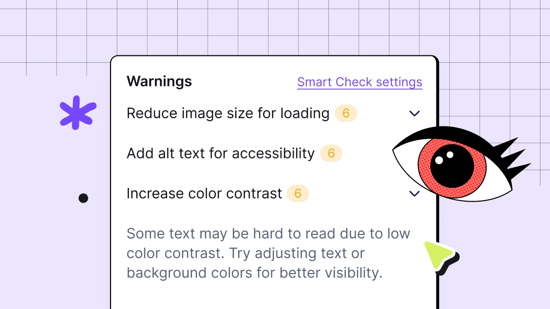 Warnings panel listing image size, alt text, and color contrast with a red eye illustration on purple grid background.