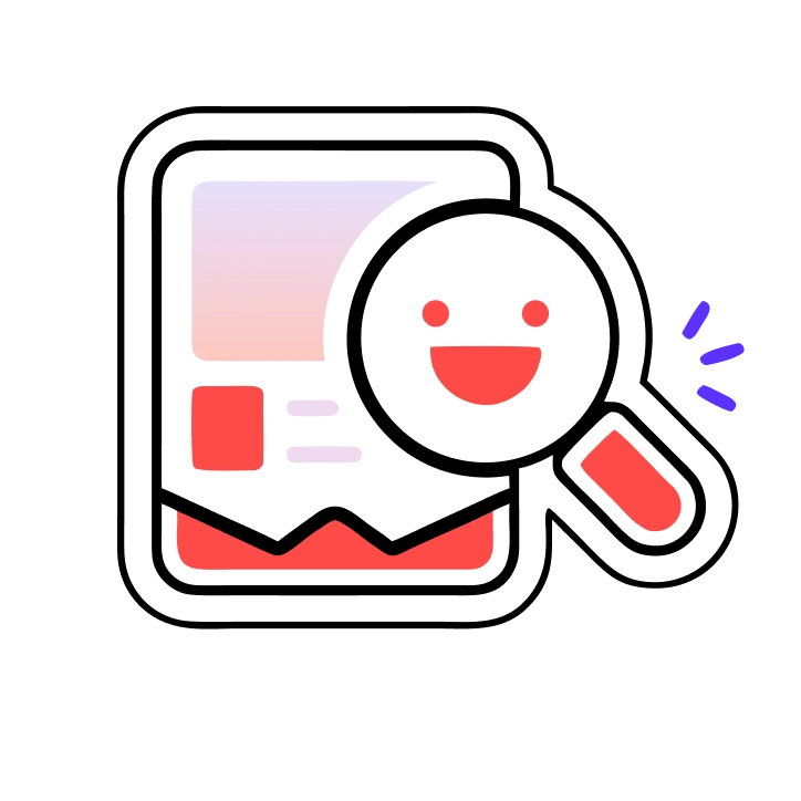 Magnifying glass with a happy face over a stylized document with red and purple elements.