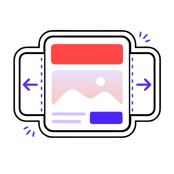 Illustration of a responsive web design layout with side arrows indicating adjustable width.