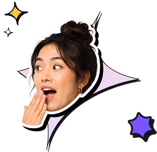 Surprised woman with hair bun covering her mouth with hand over colorful starburst background.