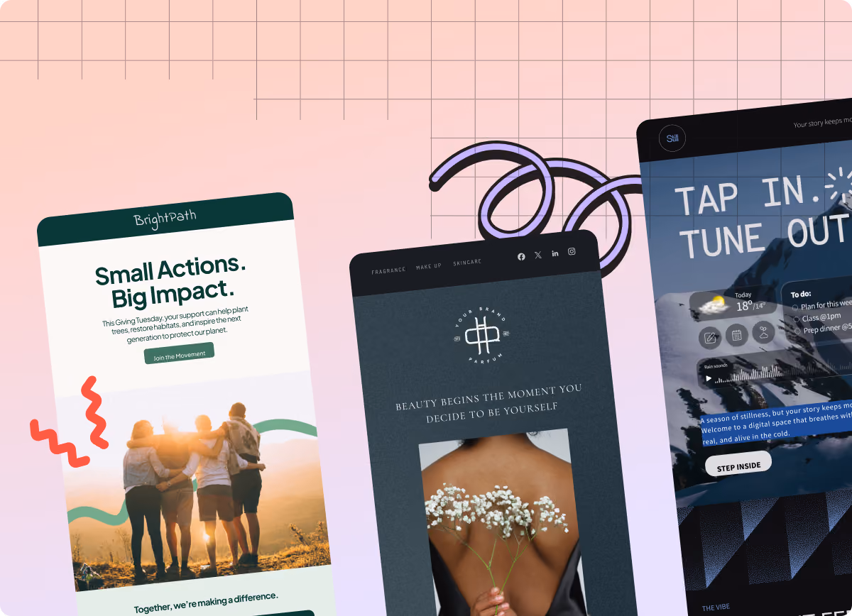 Three vertical website screens showing a cause, beauty product, and wellness app designs on a pink grid background.