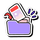 Cartoon hand placing a photo into a purple folder, with motion lines indicating action.