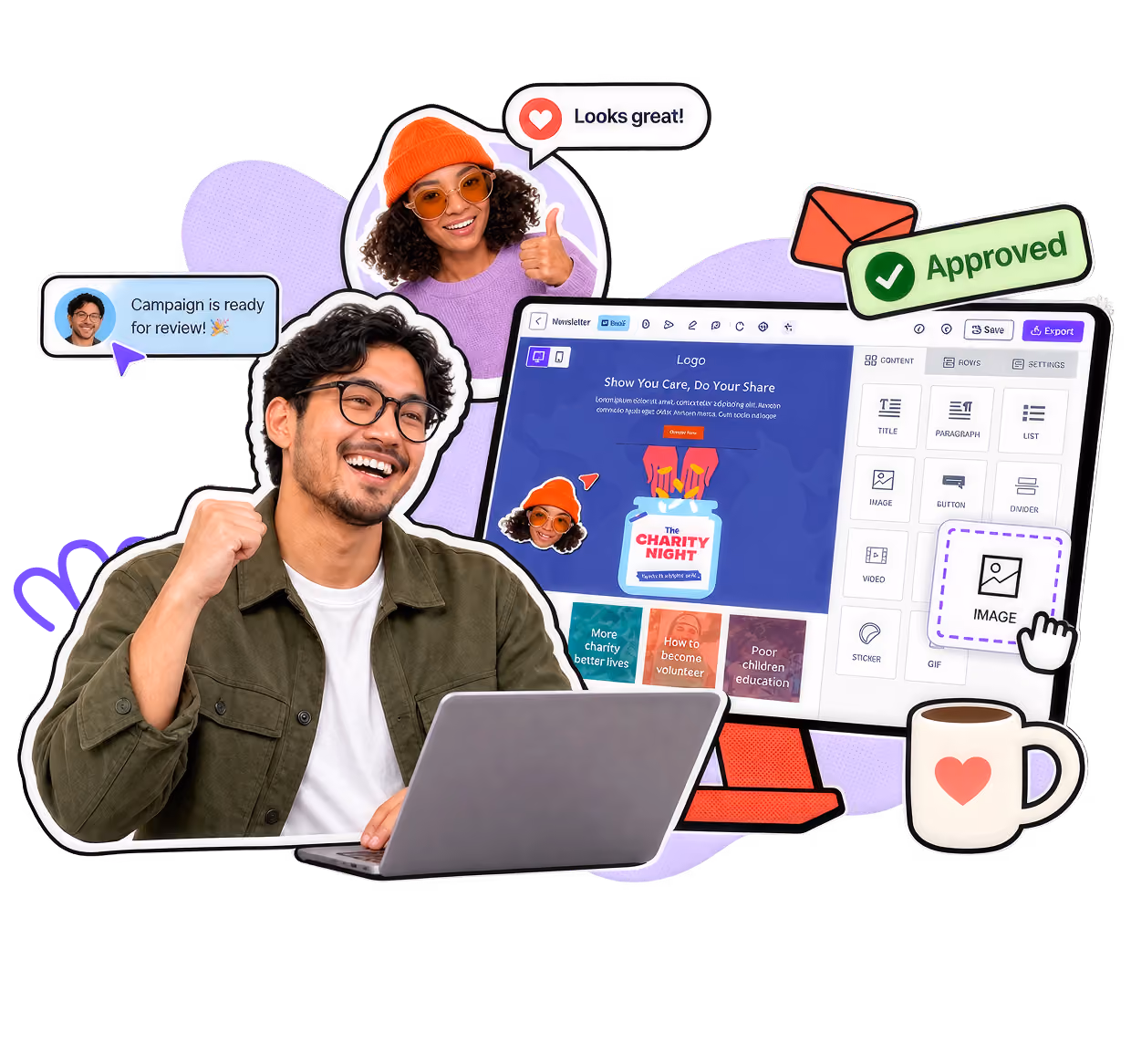 Happy man with laptop celebrating next to a charity newsletter design on screen and approving icons.