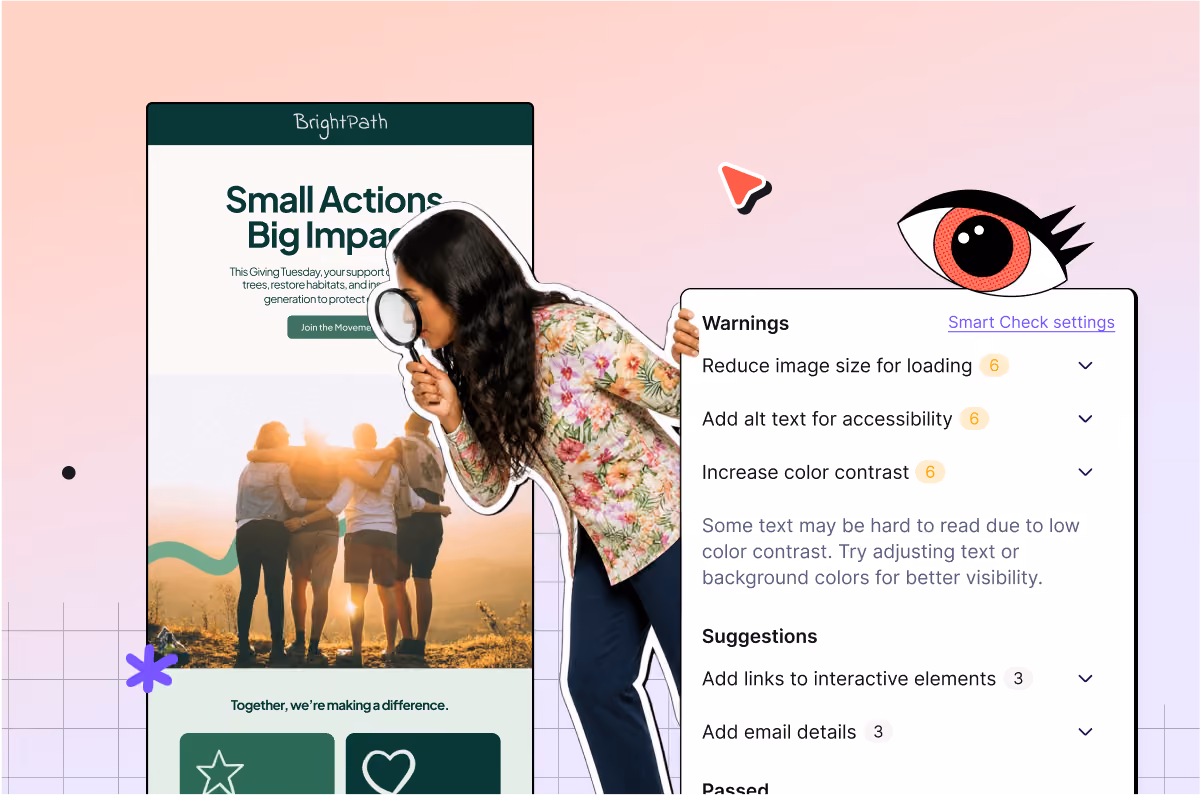 Woman with magnifying glass inspecting a website with accessibility warnings and suggestions on a pink gradient background.