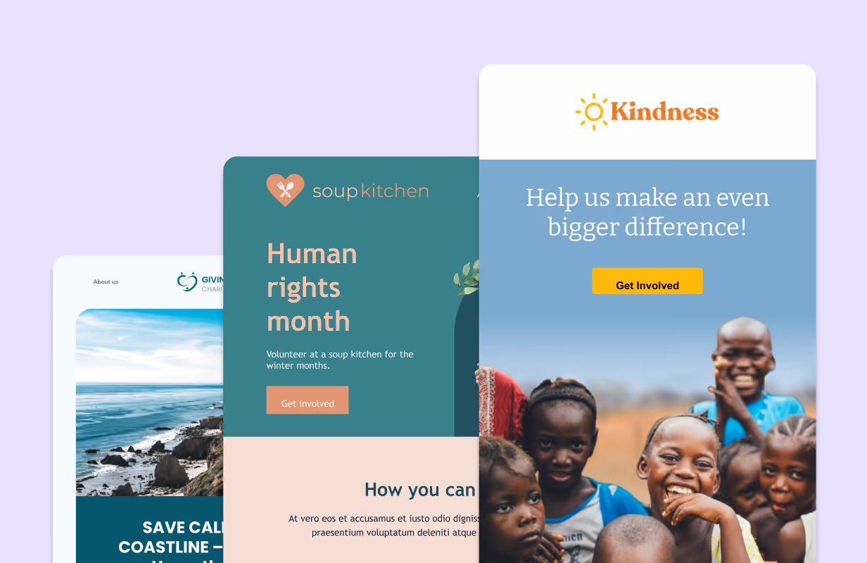 Overlapping charity website templates featuring soup kitchen and kindness campaigns with smiling children.