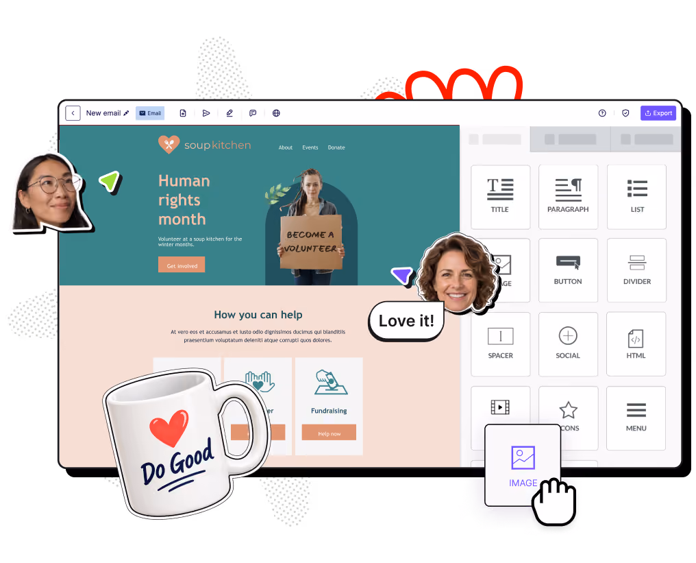 Webpage design for Soup Kitchen nonprofit with volunteer call and icons for editing email content blocks.