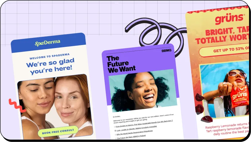 Three colorful advertising cards: SpaDerma with two smiling women, BBMG with laughing woman, grüns with woman holding gummy.