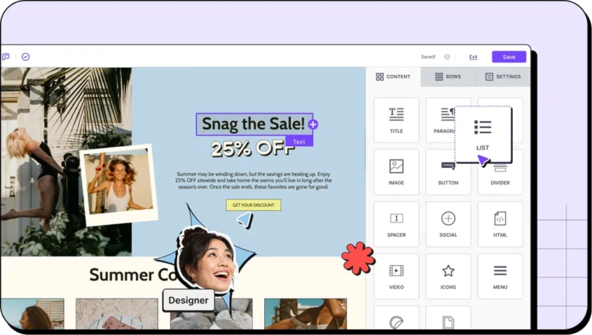 Email design interface showing a 25% off summer sale promotion and editing toolbar with content blocks.