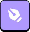 White pen nib icon inside a rounded purple square background.