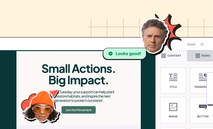 Web interface showing 'Small Actions. Big Impact.' message with call button and two cutout faces.
