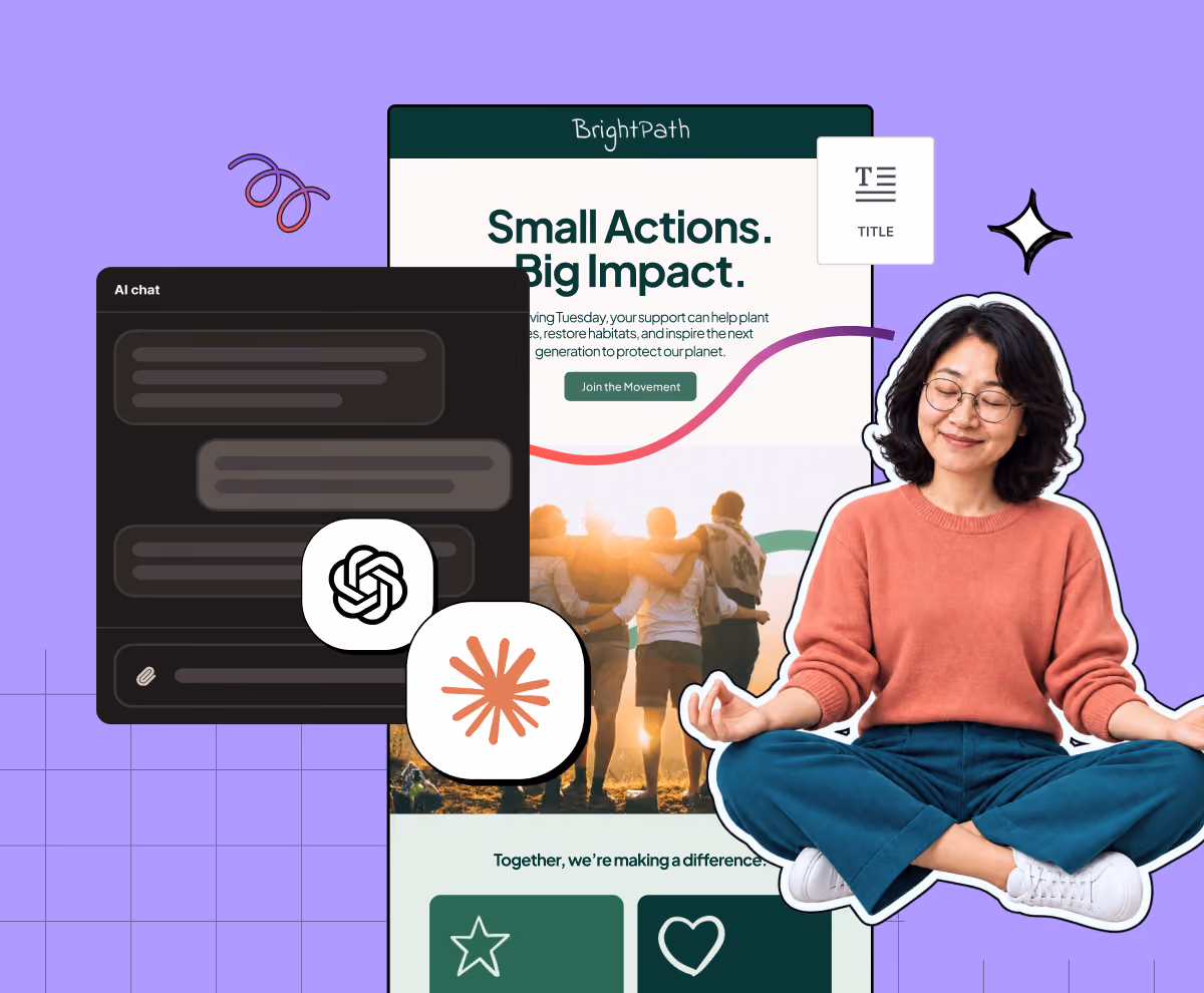 A smiling woman with glasses, wearing a red sweater and blue pants, sits cross-legged in a meditative pose on a purple background. To her left are digital elements including a black chat interface with the OpenAI logo, icons, and a webpage titled 'BrightPath' with the headline 'Small Actions. Big Impact.' showing a group of people outdoors at sunset.
