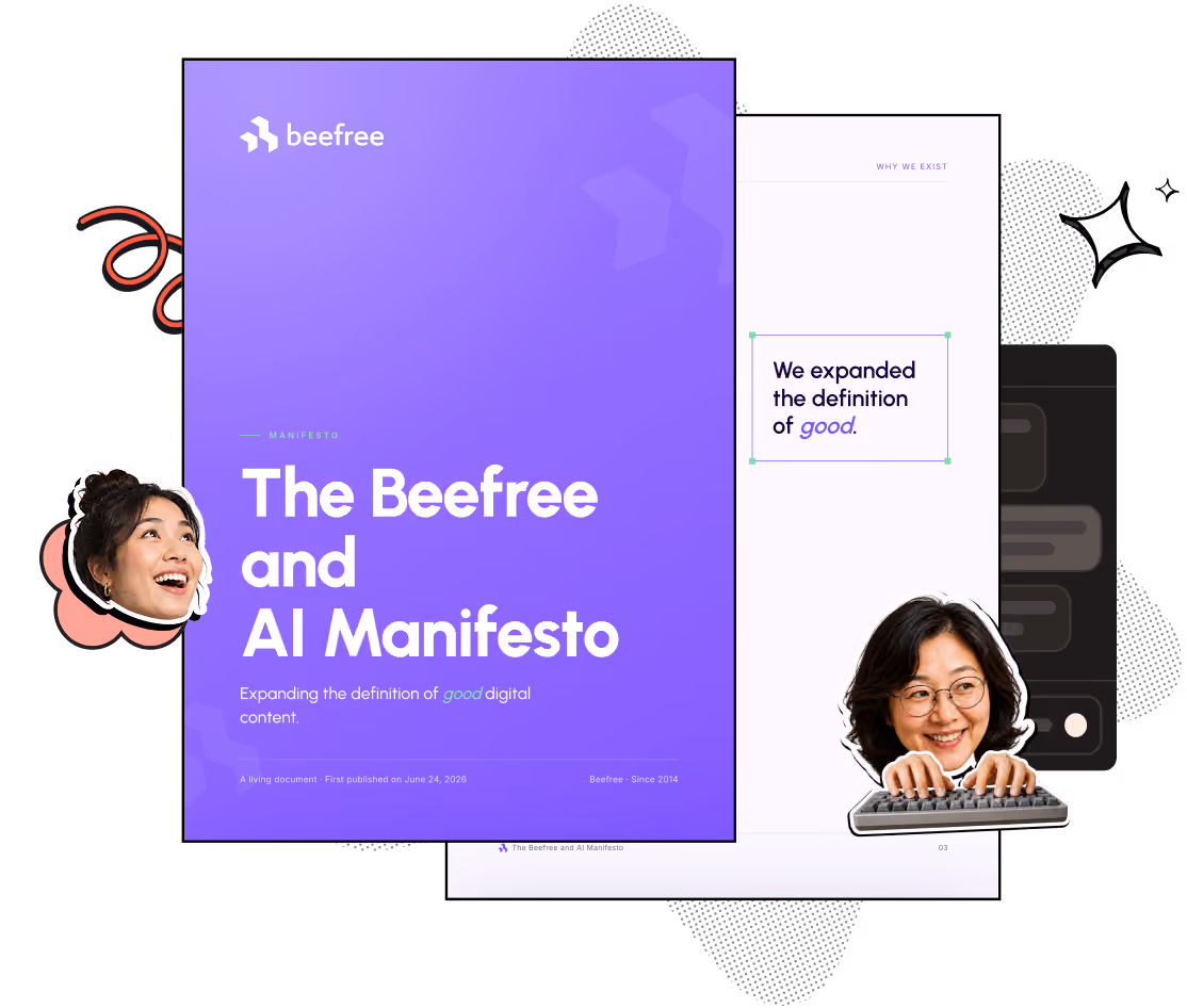 Cover and a page from The Beefree and AI Manifesto with a purple background and white text, stating 'Expanding the definition of good digital content' along with happy faces of two women near the documents.