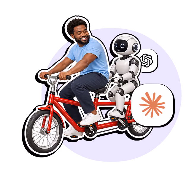 Smiling man riding a red tandem bicycle with a small white robot seated behind him, both facing forward.