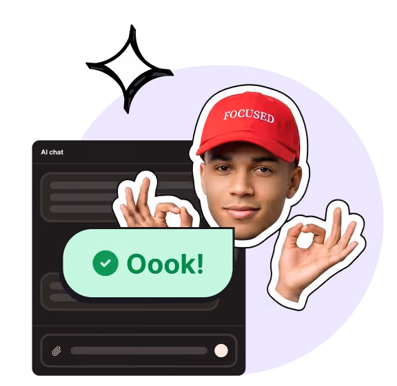 A young man wearing a red cap with the word 'FOCUSED' makes two 'OK' hand signs next to a chat interface showing a green message bubble that says 'Ooook!' with a check mark.