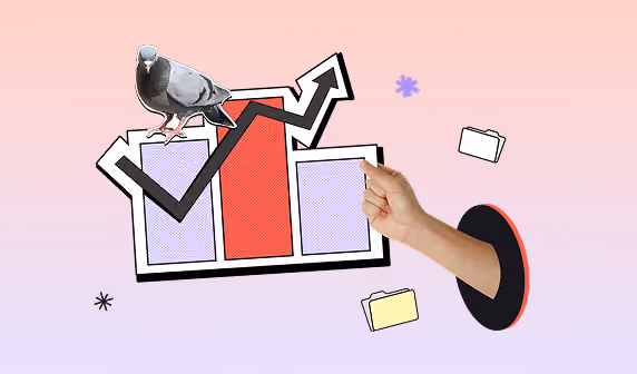 Illustration of a pigeon perched on a stylized bar chart with an upward arrow, with a hand reaching out from a circular hole, surrounded by floating folders and asterisks on a pink to purple gradient background.