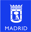 White coat of arms emblem featuring a bear reaching up to a strawberry tree on a blue background with the word 'MADRID' below.