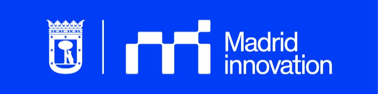 Madrid innovation logo featuring a stylized white 'm' symbol and text alongside the city's crowned emblem on a blue background.
