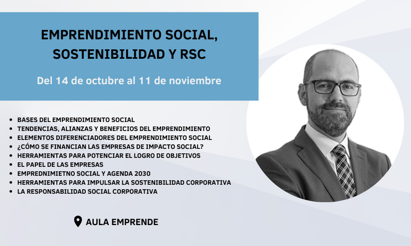 Promotional image for a social entrepreneurship and sustainability course running from October 14 to November 11 with a list of topics covered and a photo of a man in glasses and a suit.