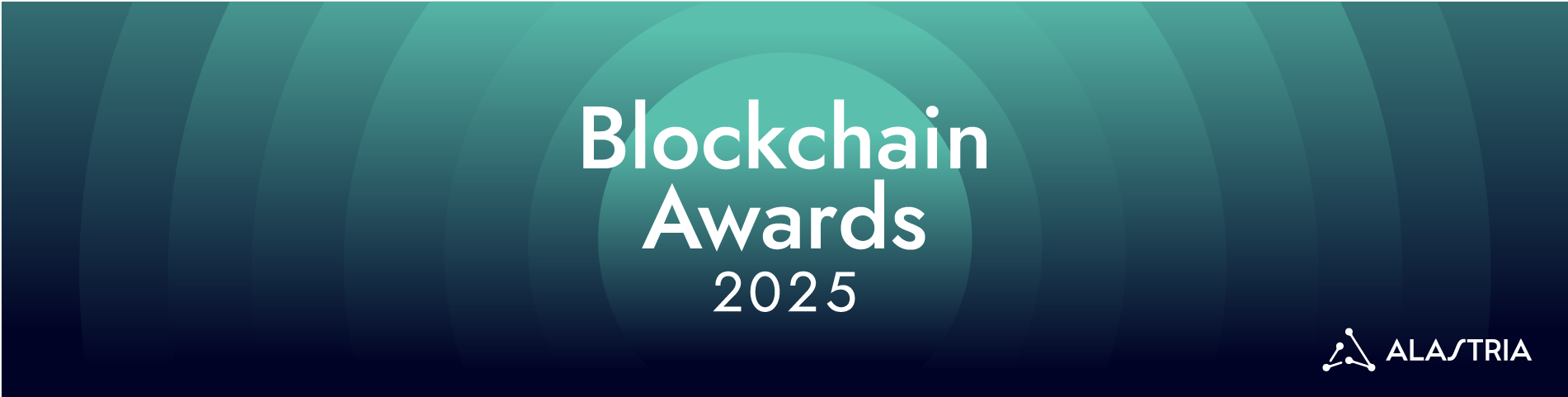 Blockchain Awards 2025 text centered over a green-to-blue gradient background with concentric circular patterns, Alastria logo in bottom right.