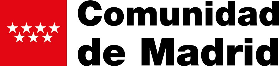 Comunidad de Madrid logo with seven white stars on a red square next to bold black text.