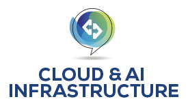 Logo with a speech bubble containing code brackets symbol above the text 'CLOUD & AI INFRASTRUCTURE'.