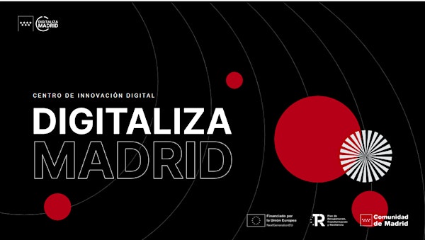 Digitaliza Madrid logo and text on black background with red and white circular design elements.