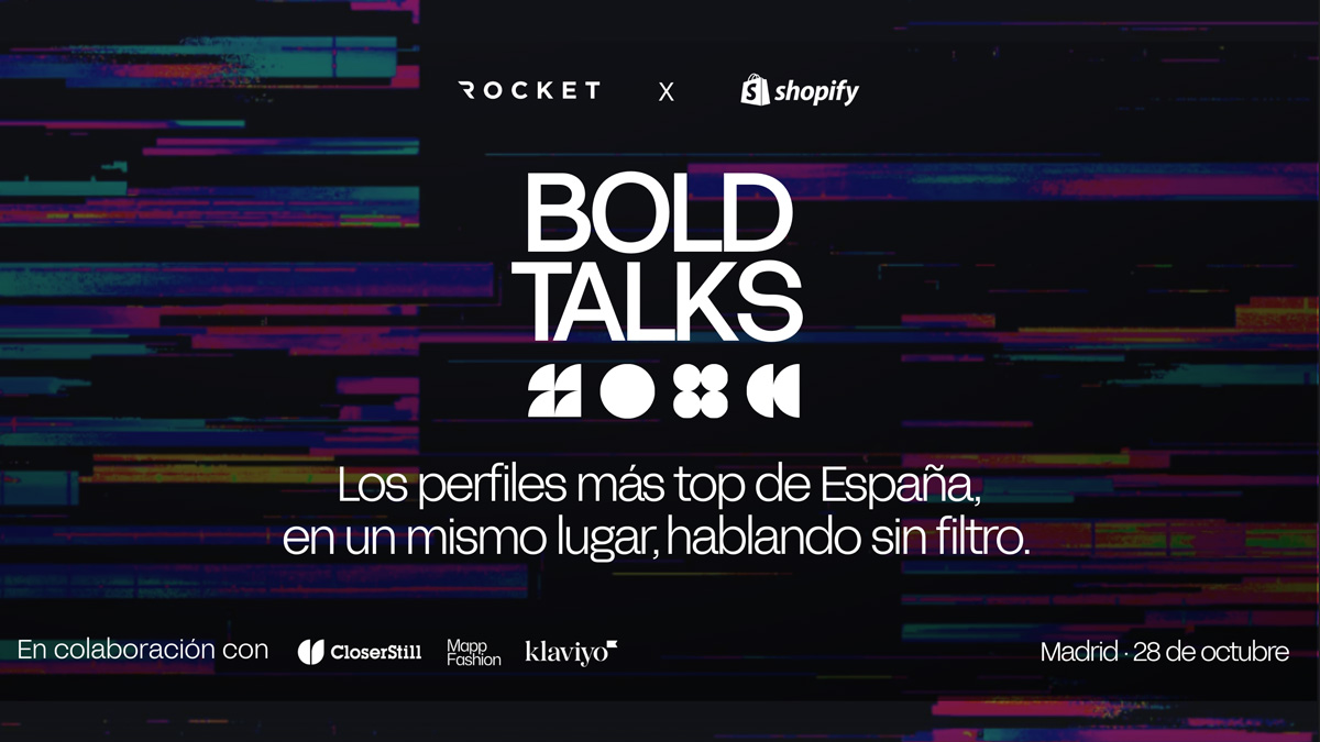 Promotional graphic for Bold Talks by Rocket and Shopify, featuring Spanish text about top profiles in Spain speaking openly, with collaboration logos and event date in Madrid on October 28.