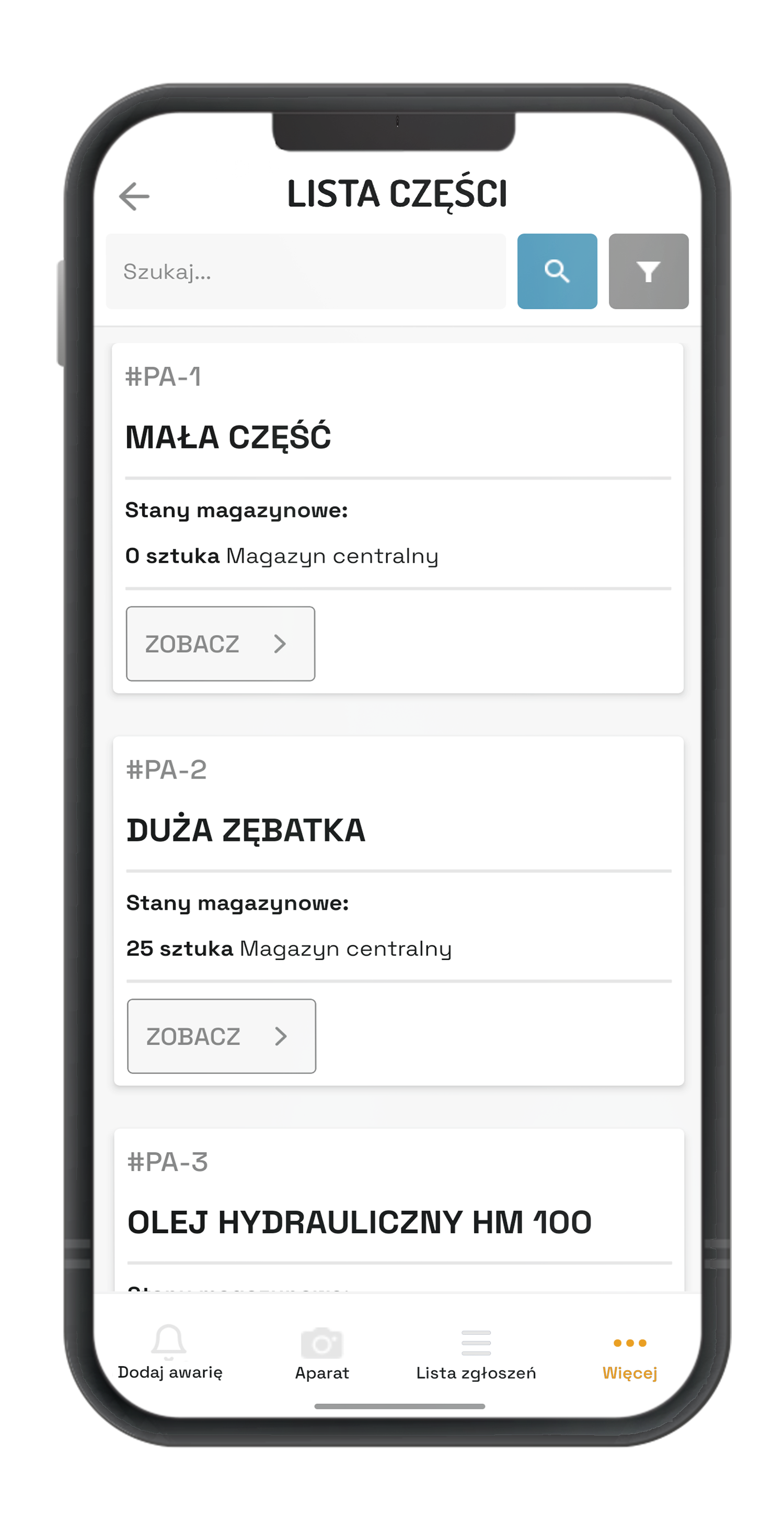 11. Lista części z możliwością wyszukiwania