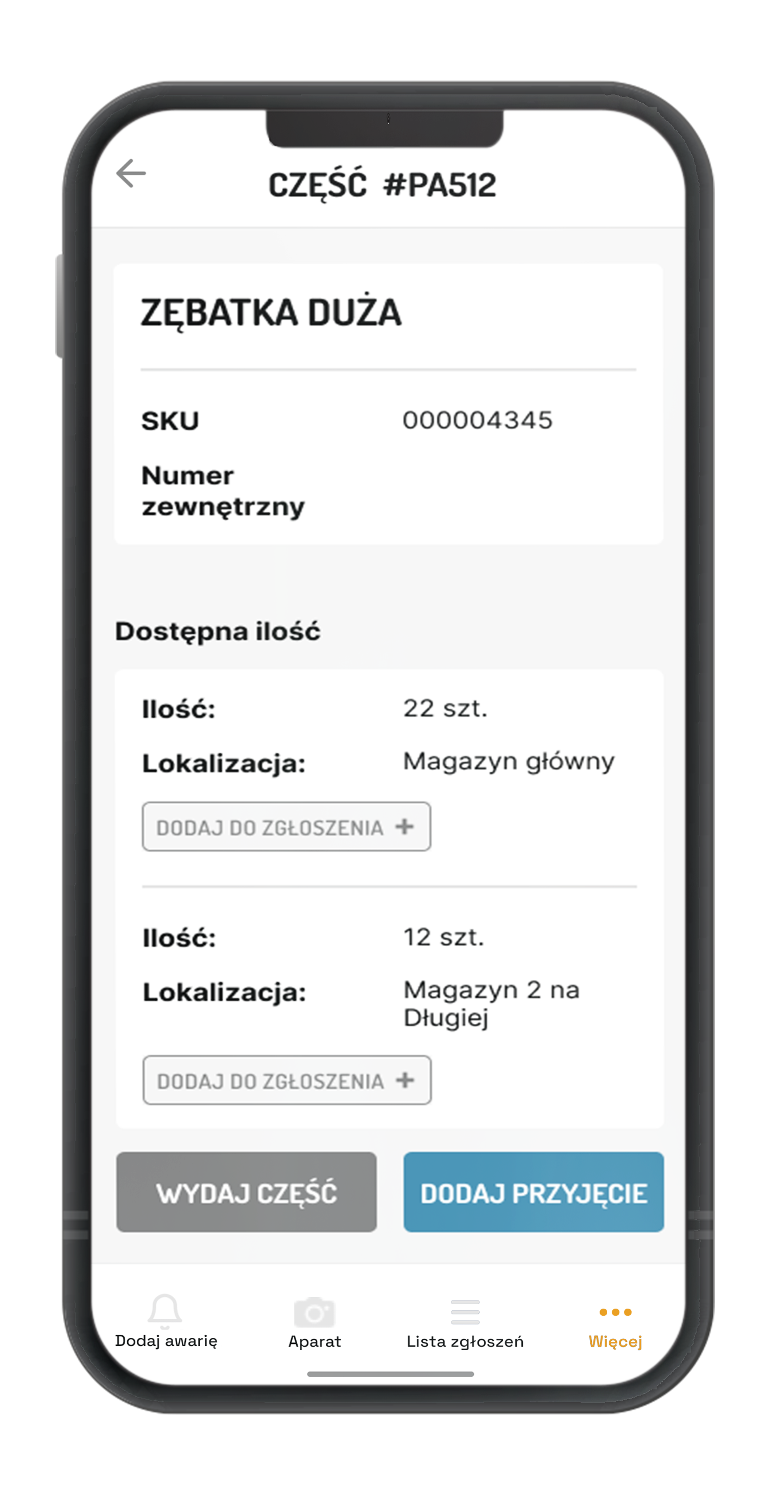 12. Szczegóły części zamiennej z możliwością przyjęcia/wydania.
