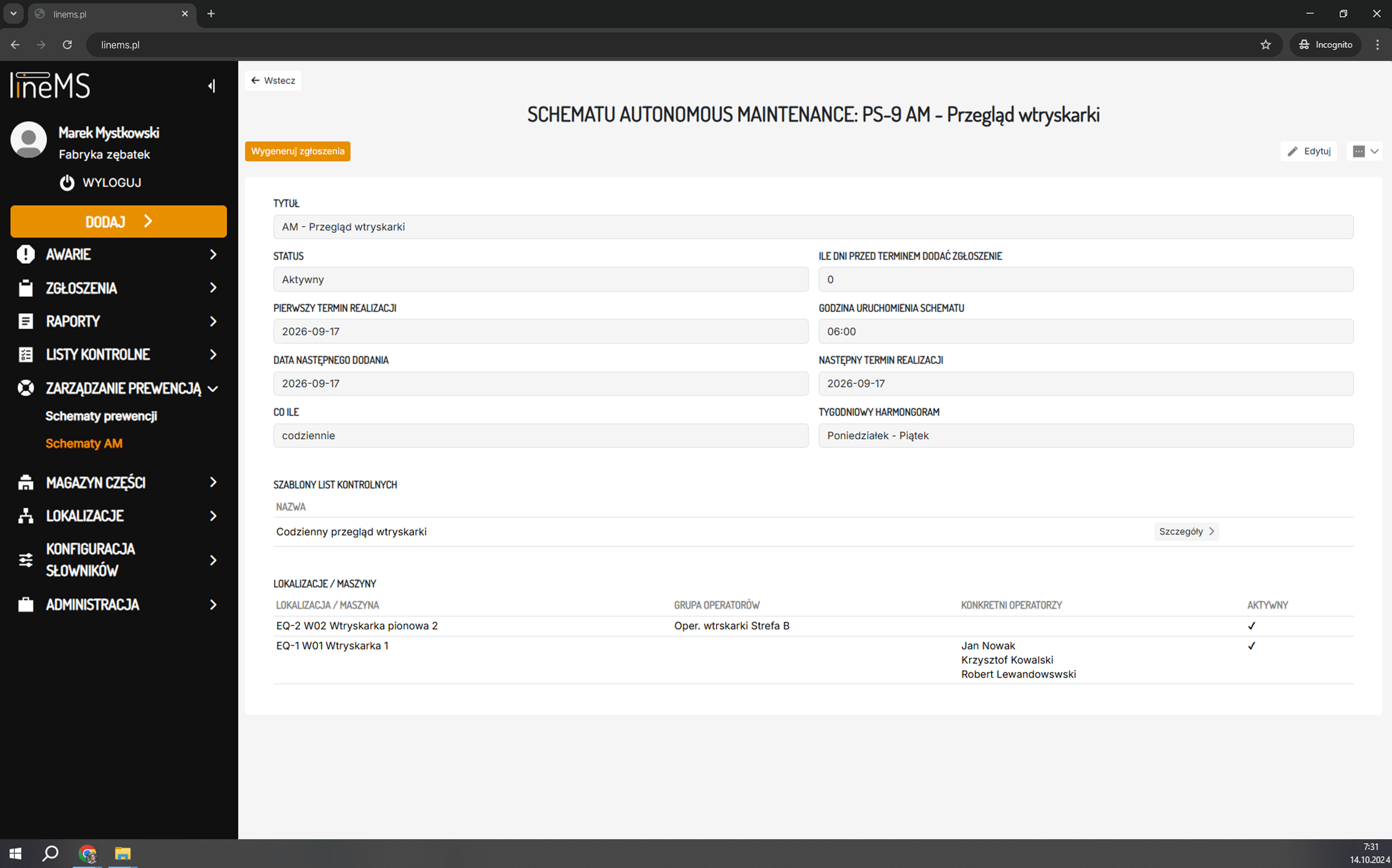 Schemat dodawania zadania Autonomous Maintenance