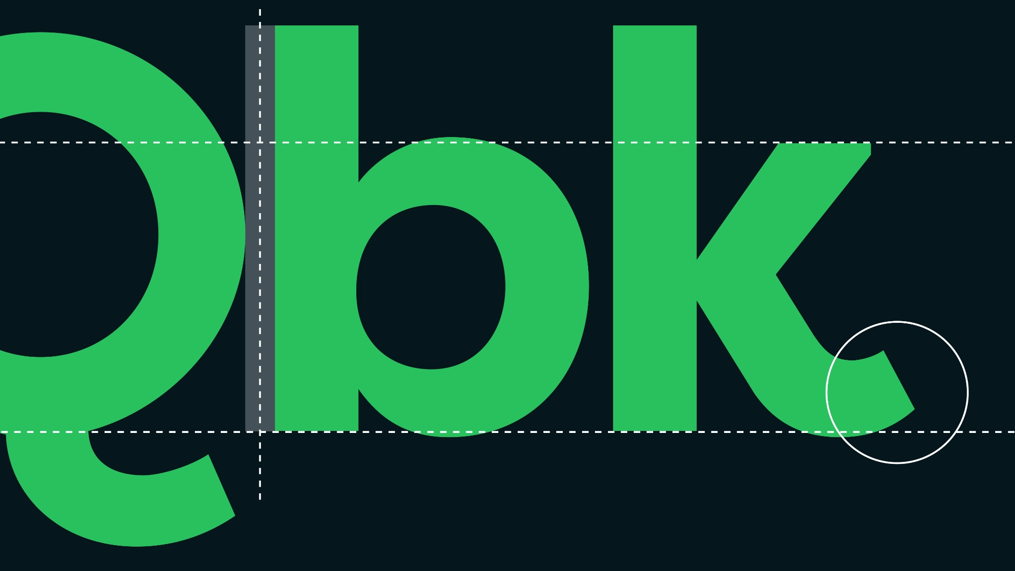 Big green letters 'Qbk' on a black background with dotted lines showing key points of the typeface used like baseline, x-height and cap height.