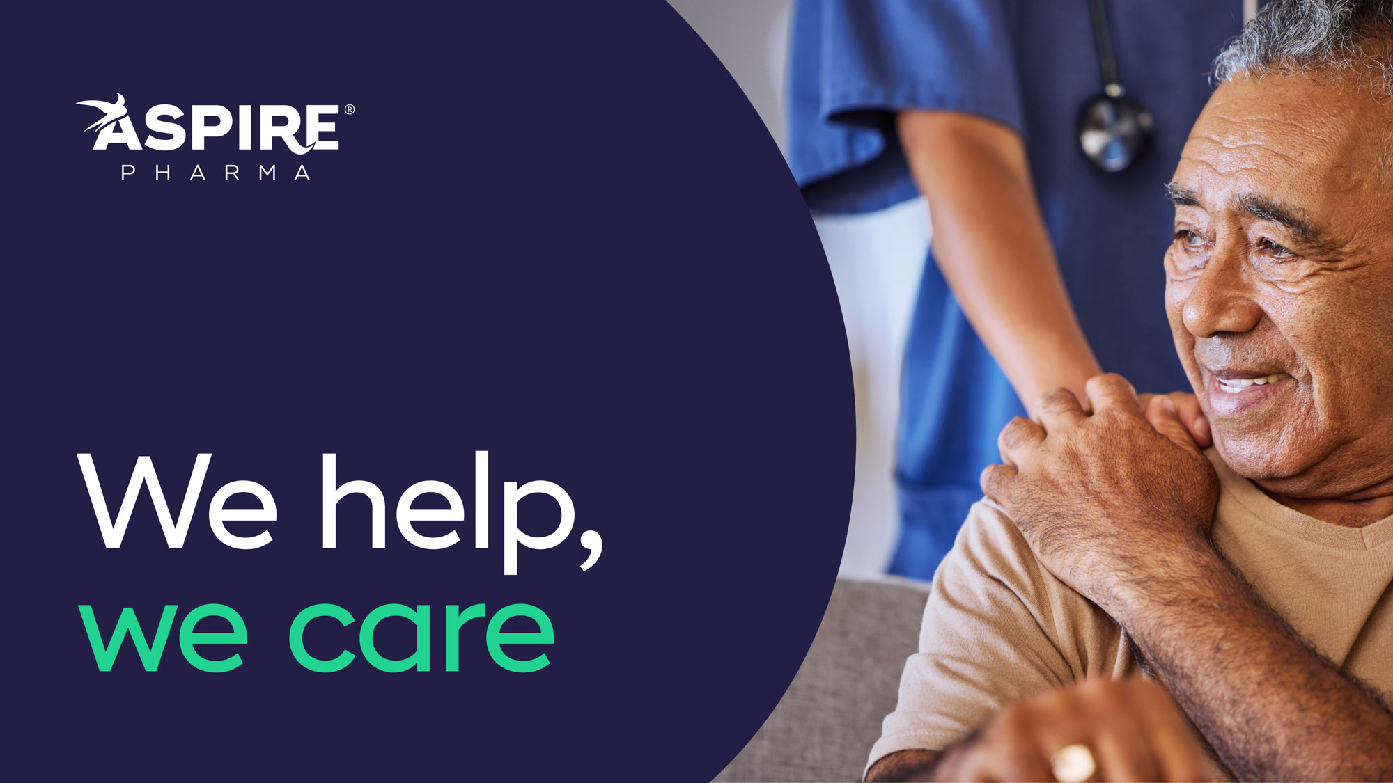 Aspire logo and the text 'we help, we care' in white and green on a dark blue background. To the right is an image of an older man in a hospices receiving care.