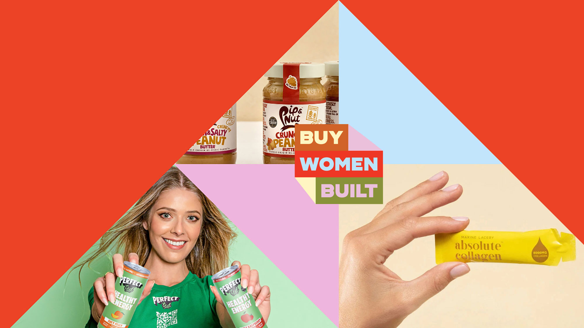 A collage of images of brands under the Buy Women Built umbrella with the BWB kitemark layered on top.