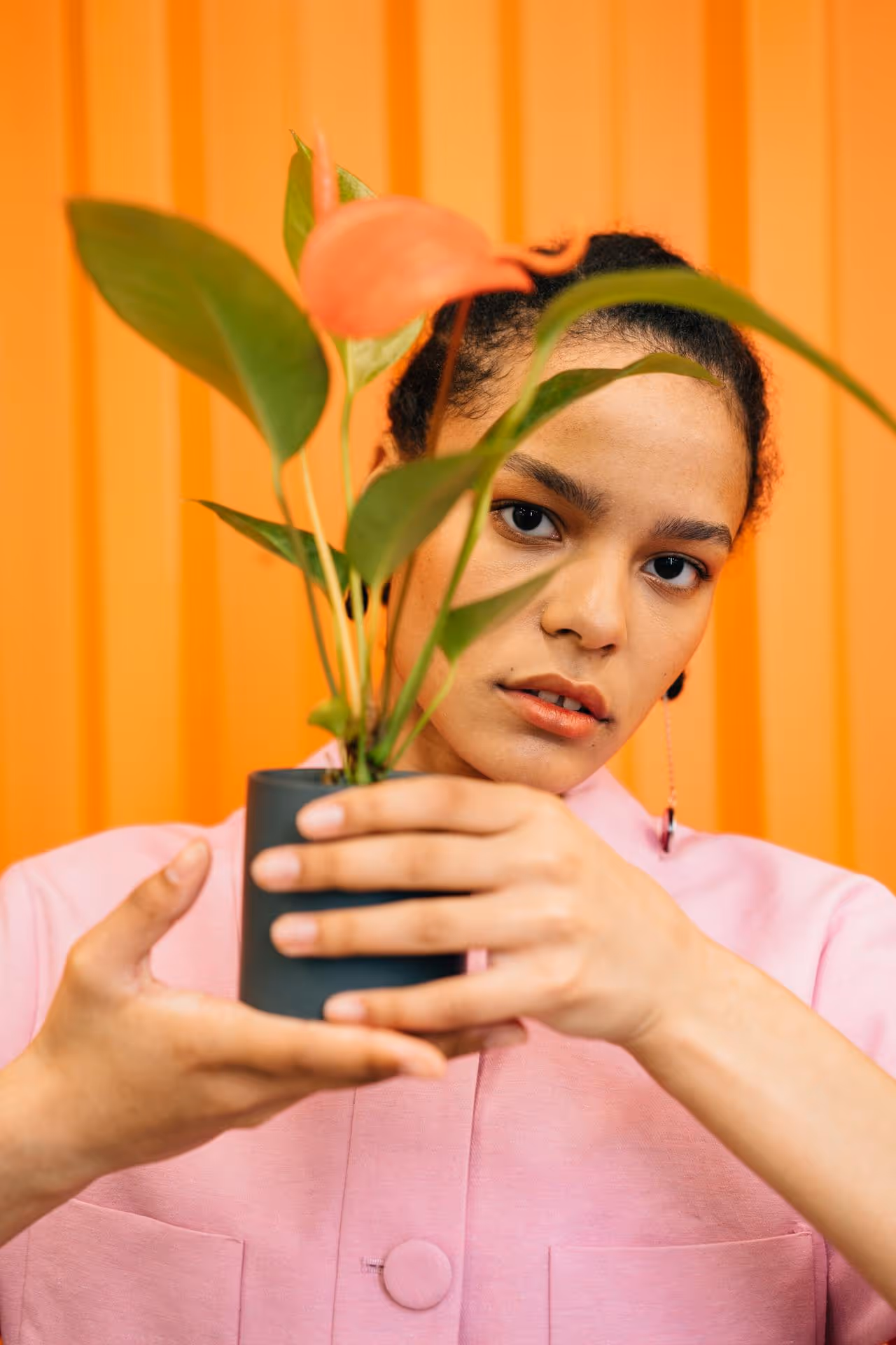 Image of a woman holding a plant. 
